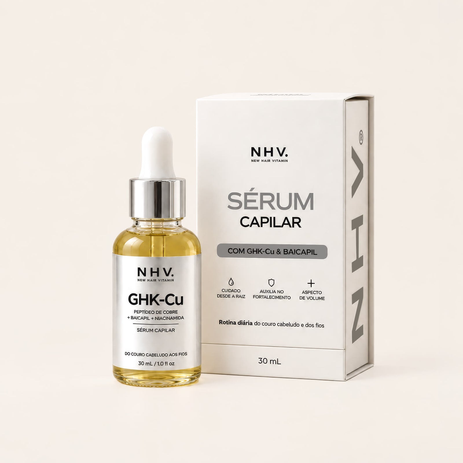 O frasco do sérum ao lado da caixa